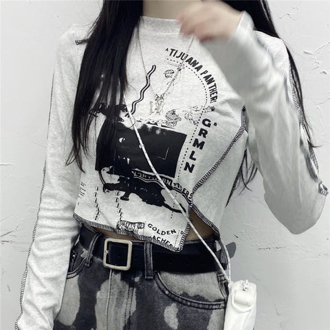 Dark Hot Girls Wear Slim-fitting Short Long-sleeved Irregular T-shirts for Women